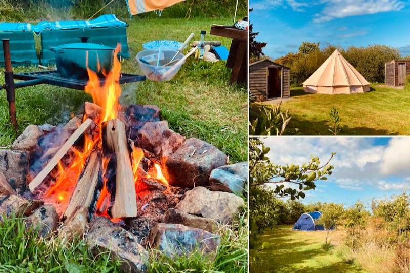 Camping with a campifire near the Pembrokeshire coast.